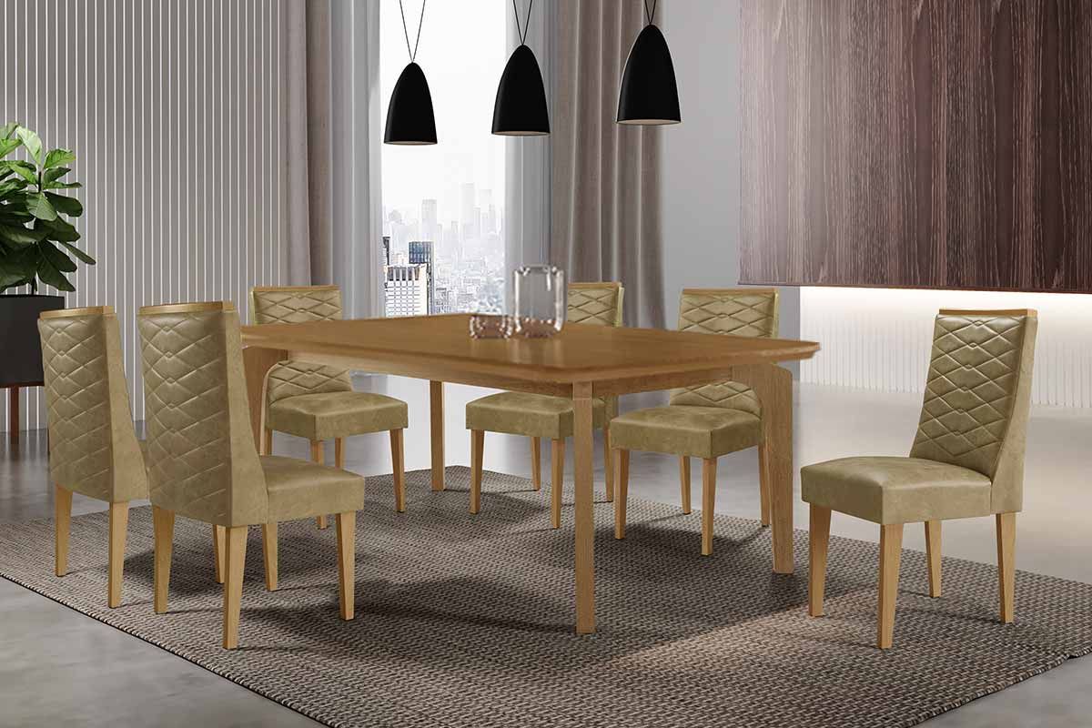 Sala Jantar Mesa Londrina c/ Tampo Madeirado Canto Curvo 180x90cm e 6 Cadeiras Dafne - Rufato