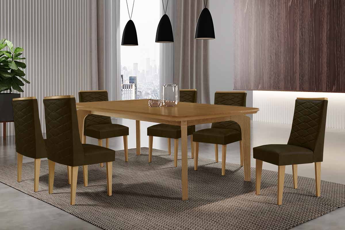 Sala Jantar Mesa Londrina c/ Tampo Madeirado Canto Curvo 180x90cm e 6 Cadeiras Dafne - Rufato