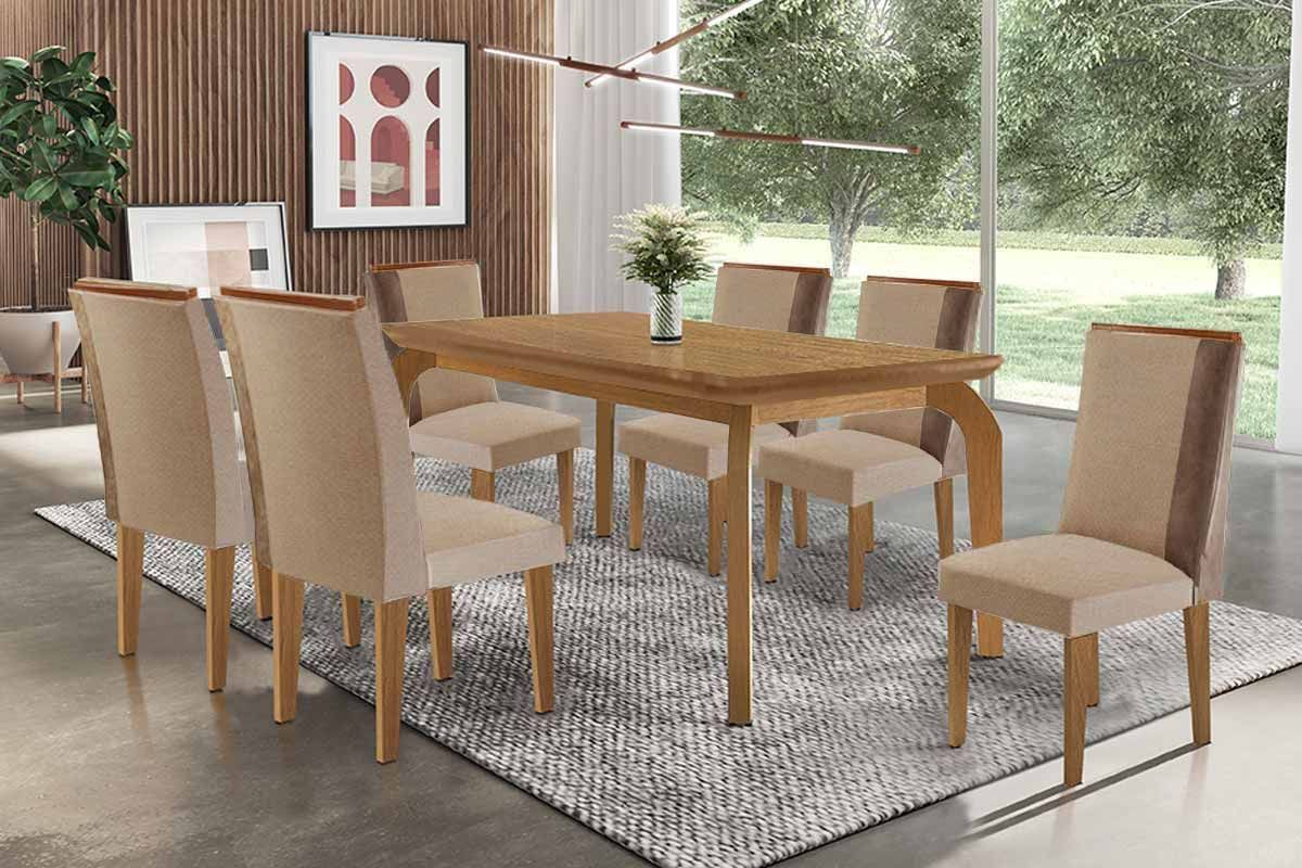Sala Jantar Mesa Londrina c/ Tampo Madeirado Canto Curvo 180x90cm e 6 Cadeiras Tilia - Rufato