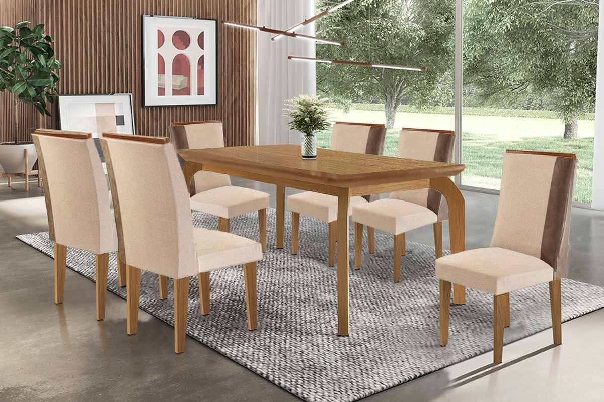 Sala Jantar Mesa Londrina c/ Tampo Madeirado Canto Curvo 180x90cm e 6 Cadeiras Tilia - Rufato