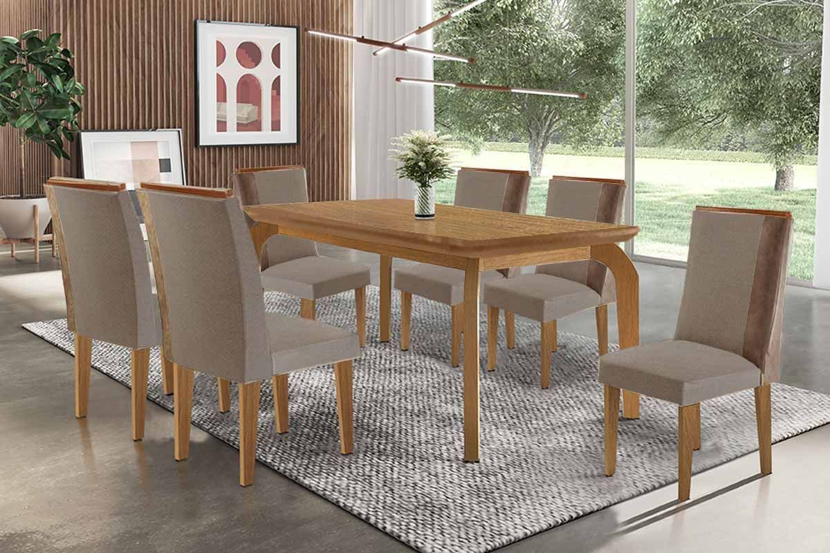 Sala Jantar Mesa Londrina c/ Tampo Madeirado Canto Curvo 180x90cm e 6 Cadeiras Tilia - Rufato