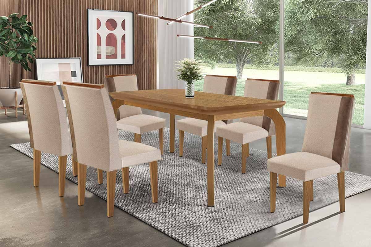 Sala Jantar Mesa Londrina c/ Tampo Madeirado Canto Curvo 180x90cm e 6 Cadeiras Tilia - Rufato