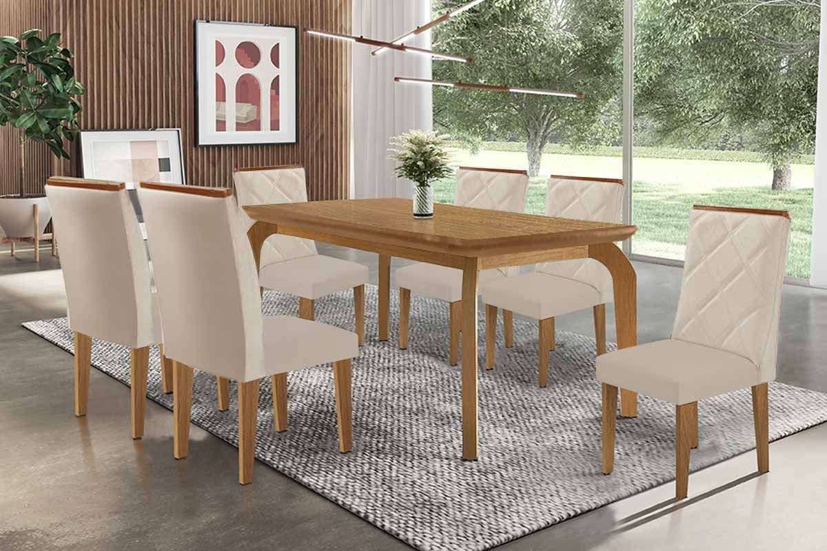 Sala Jantar Mesa Londrina c/ Tampo Madeirado Canto Curvo 180x90cm e 6 Cadeiras Pietá - Rufato