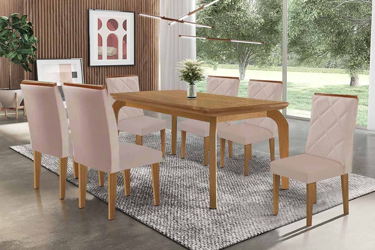 Sala Jantar Mesa Londrina c/ Tampo Madeirado Canto Curvo 180x90cm e 6 Cadeiras Pietá - Rufato
