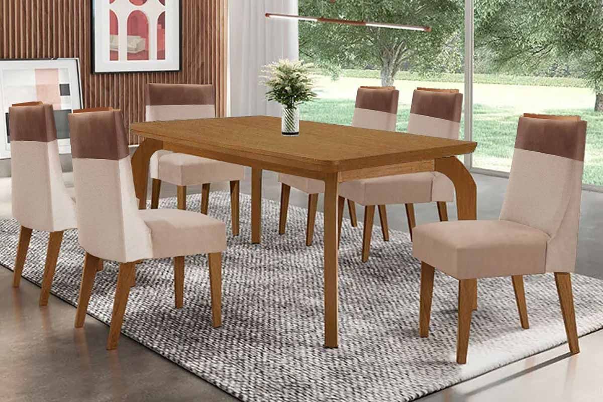 Sala Jantar Mesa Londrina c/ Tampo Madeirado Canto Curvo 180x90cm e 6 Cadeiras Jaspe - Rufato
