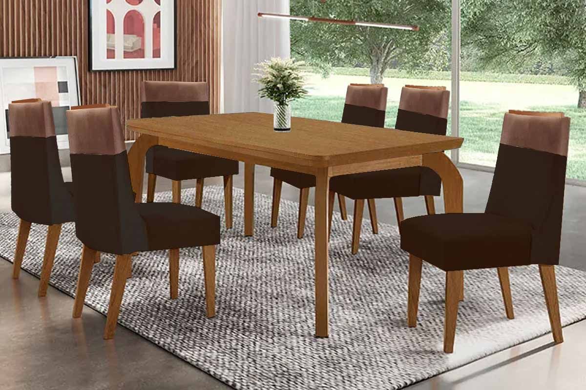 Sala Jantar Mesa Londrina c/ Tampo Madeirado Canto Curvo 180x90cm e 6 Cadeiras Jaspe - Rufato