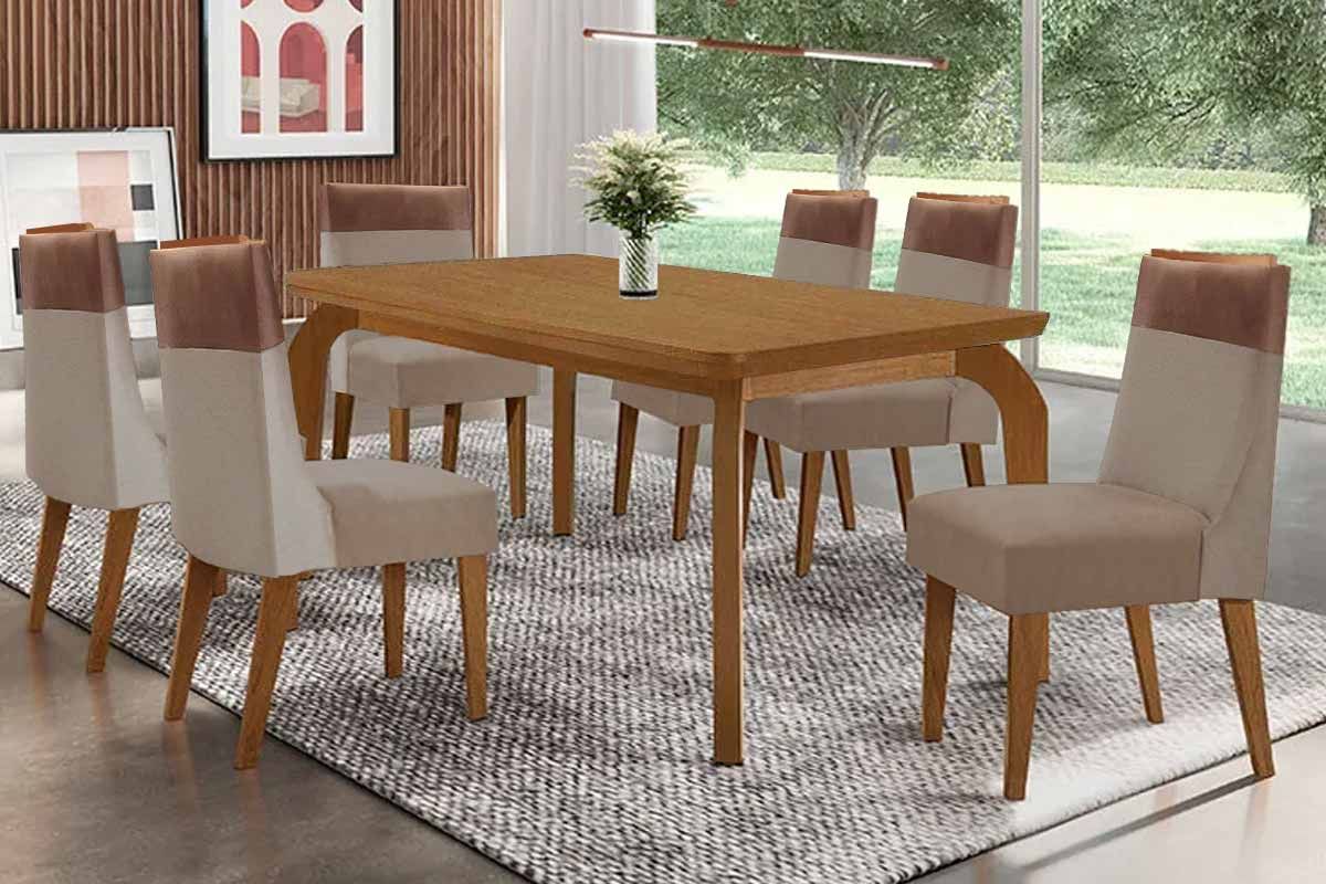 Sala Jantar Mesa Londrina c/ Tampo Madeirado Canto Curvo 180x90cm e 6 Cadeiras Jaspe - Rufato
