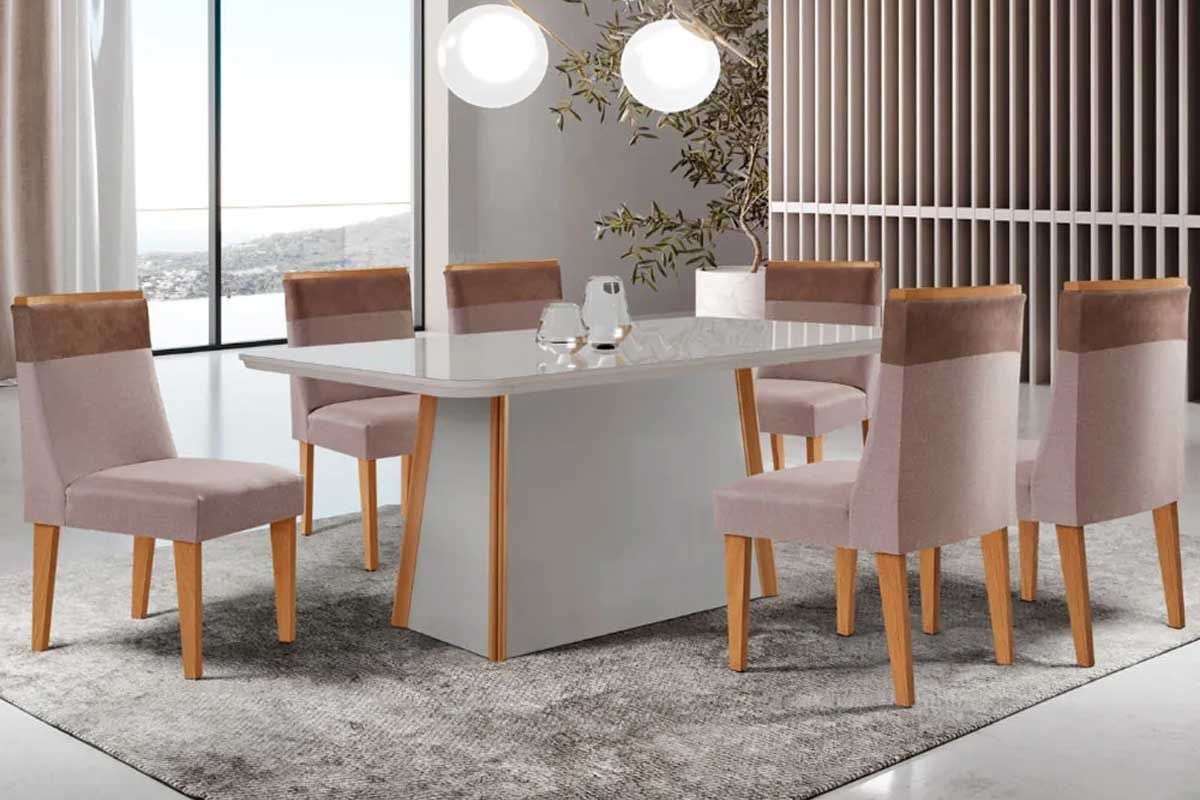 Sala Jantar Mesa Tilia Curvo 180cm + 6 Cadeiras Jaspe Madeira - Rufato