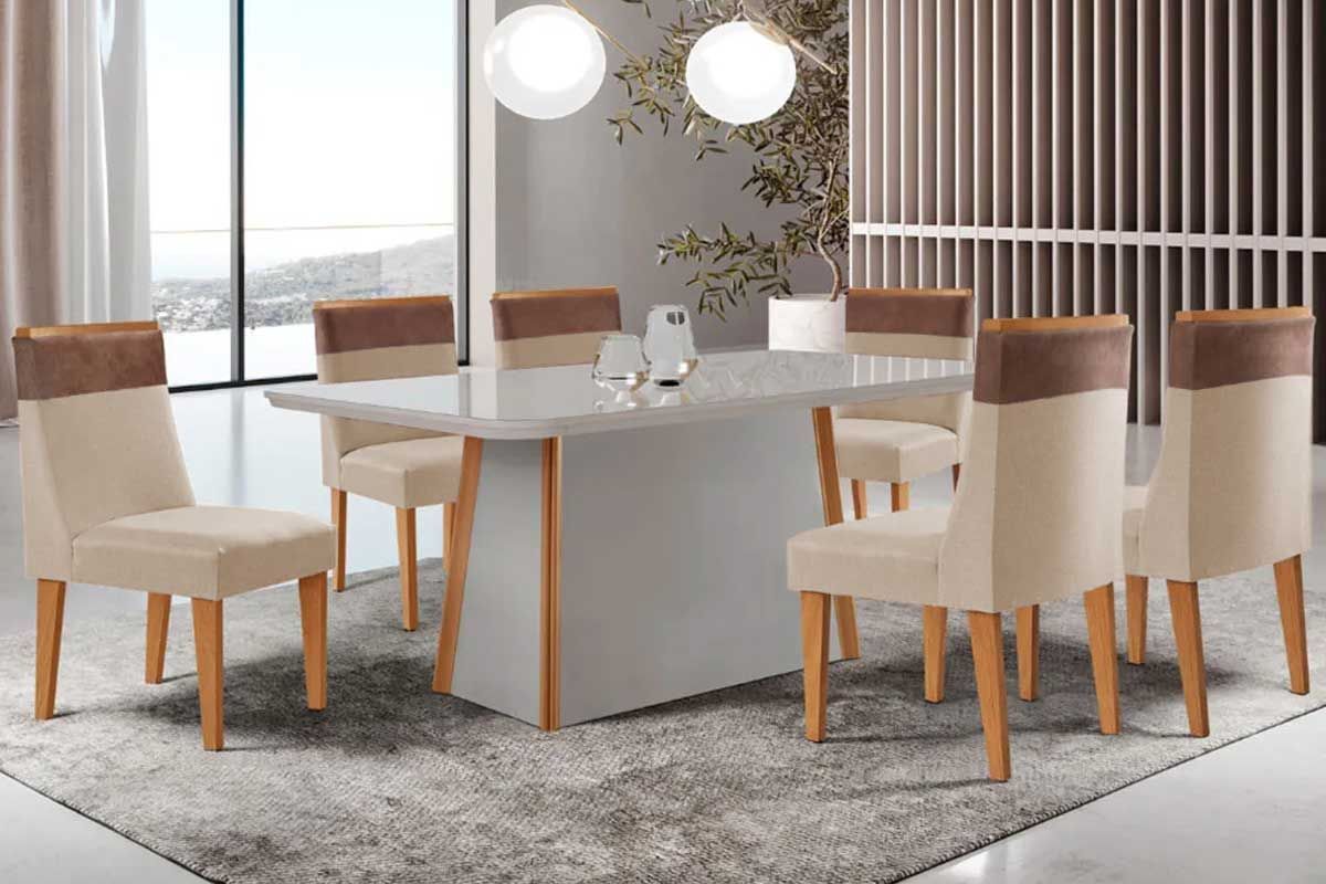 Sala Jantar Mesa Tilia Curvo 180cm + 6 Cadeiras Jaspe Madeira - Rufato