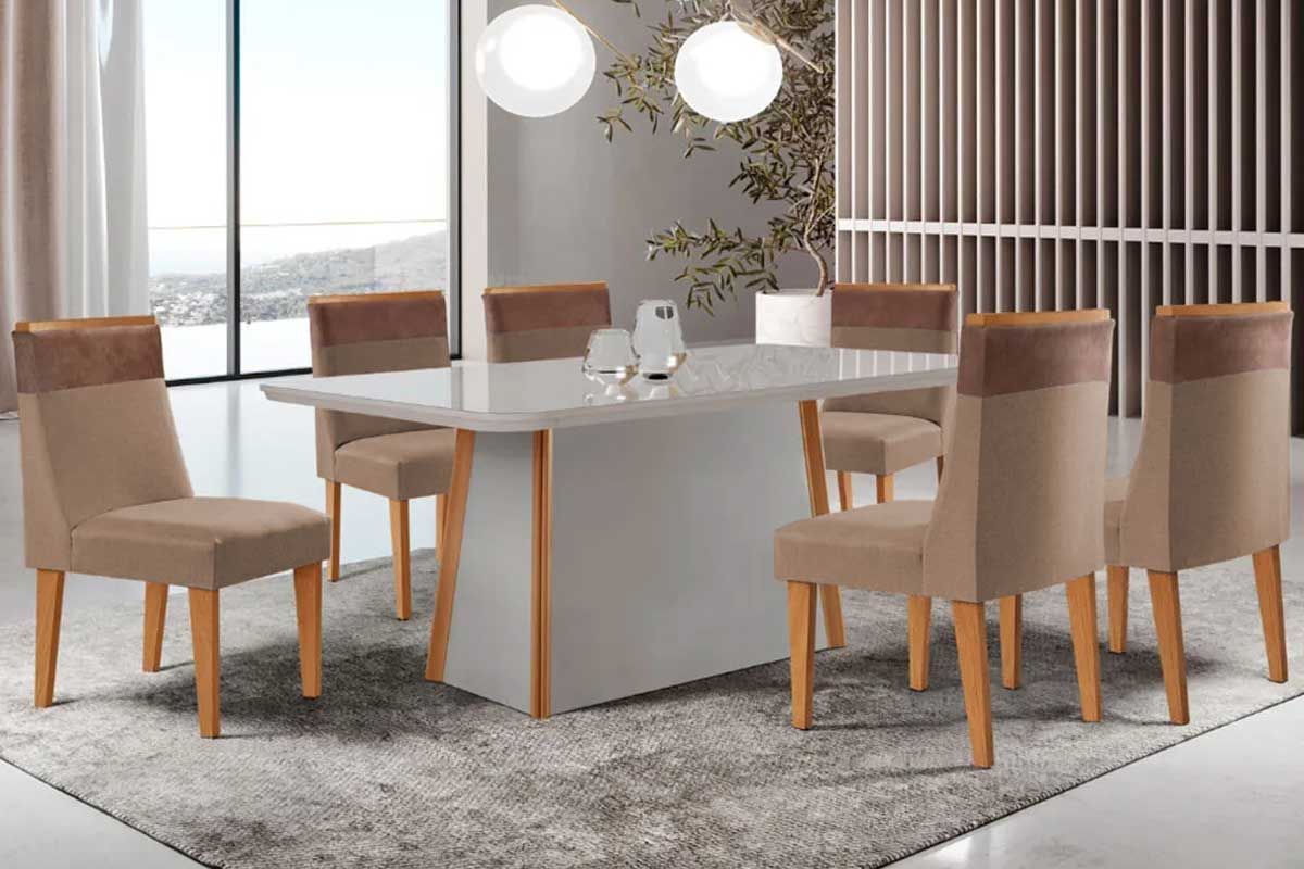 Sala Jantar Mesa Tilia Curvo 180cm + 6 Cadeiras Jaspe Madeira - Rufato