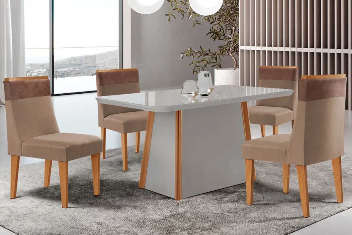 Sala Jantar Mesa Tilia Curvo 120cm + 4 Cadeiras Jaspe Madeira - Rufato