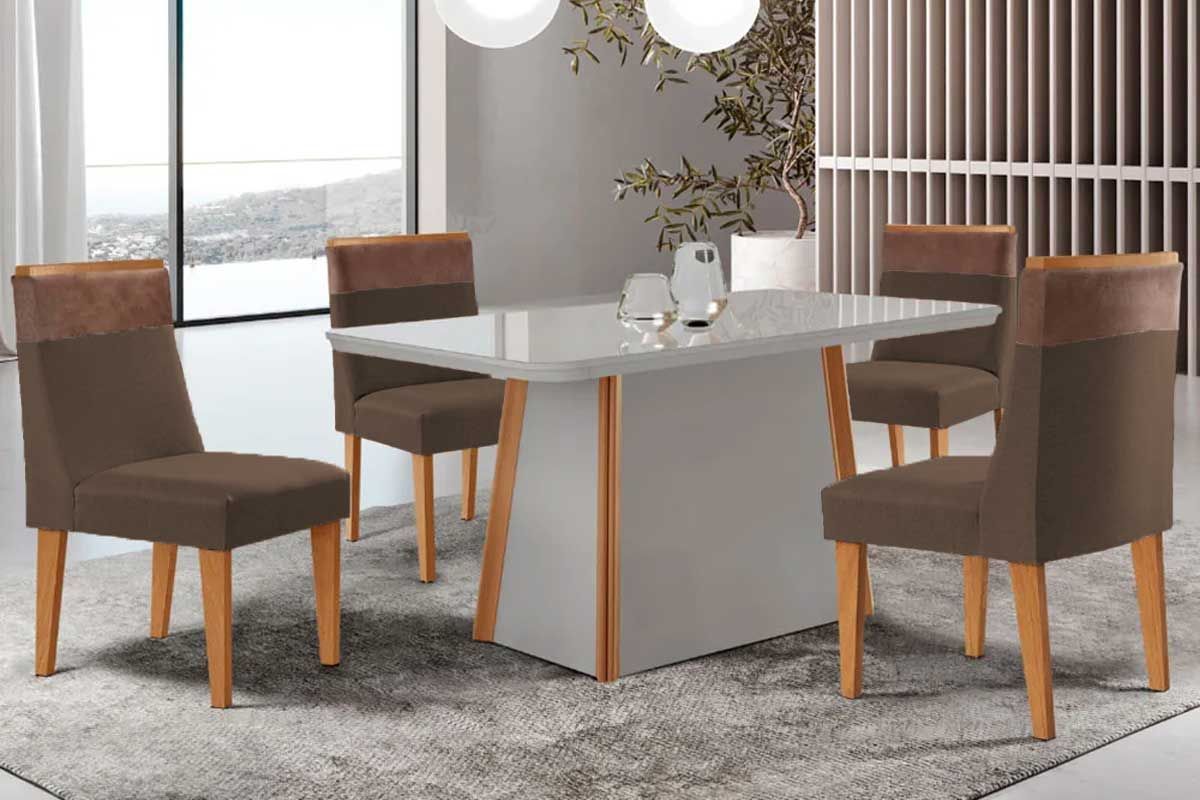 Sala Jantar Mesa Tilia Curvo 120cm + 4 Cadeiras Jaspe Madeira - Rufato