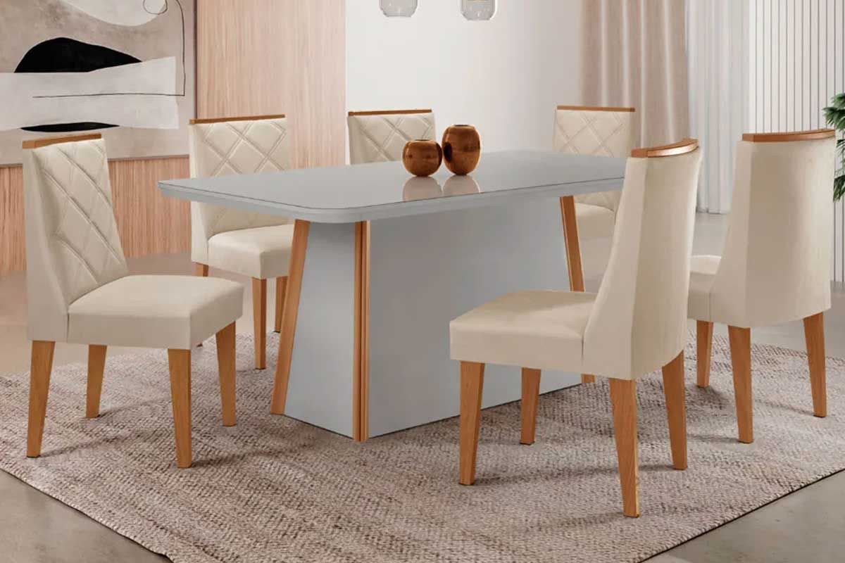 Sala Jantar Mesa Tilia Curvo 180cm + 6 Cadeiras Pietá Madeira - Rufato