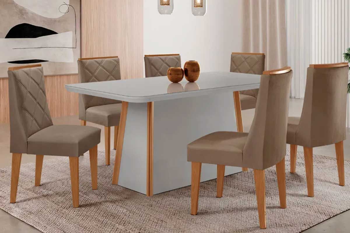 Sala Jantar Mesa Tilia Curvo 180cm + 6 Cadeiras Pietá Madeira - Rufato