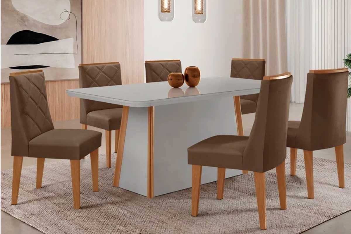 Sala Jantar Mesa Tilia Curvo 180cm + 6 Cadeiras Pietá Madeira - Rufato