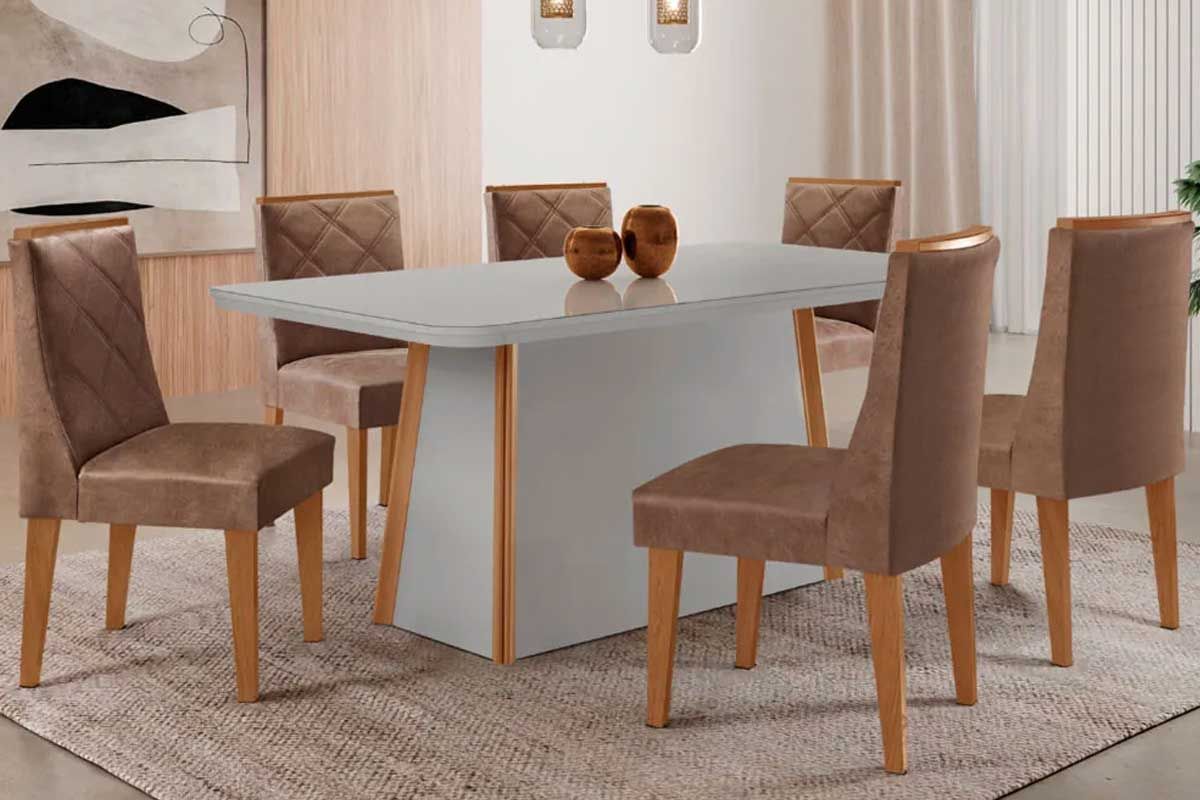 Sala Jantar Mesa Tilia Curvo 180cm + 6 Cadeiras Pietá Madeira - Rufato