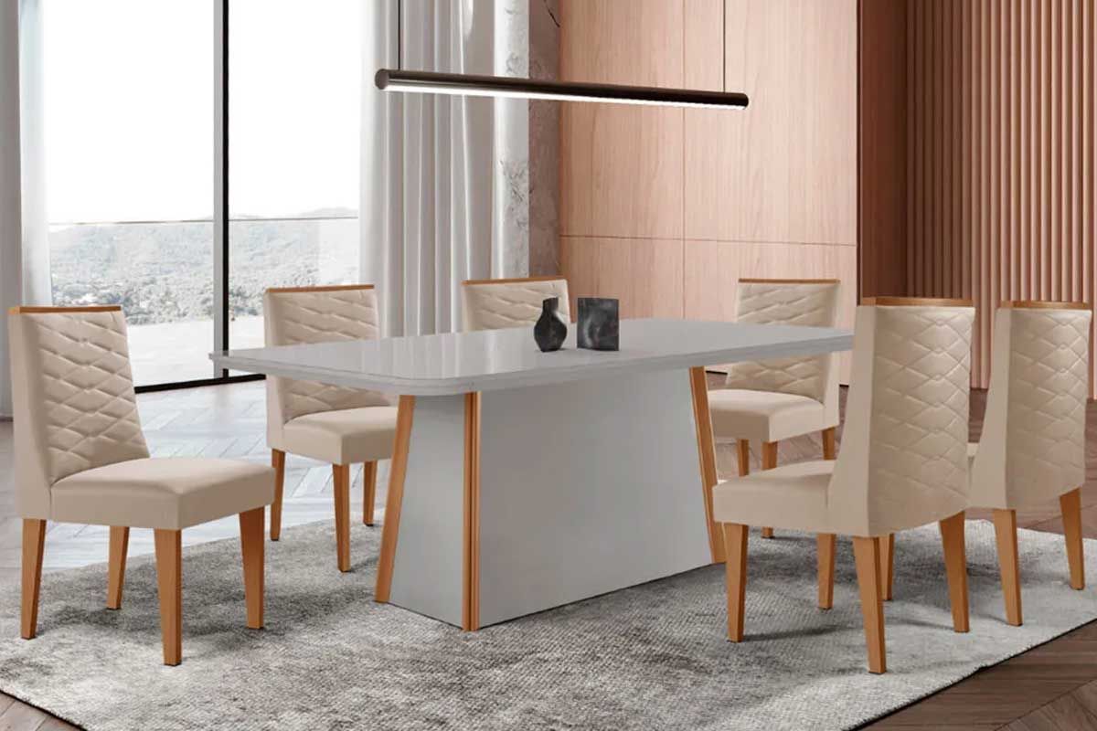 Sala Jantar Mesa Tilia Curvo 180cm + 6 Cadeiras Dafne Madeira - Rufato