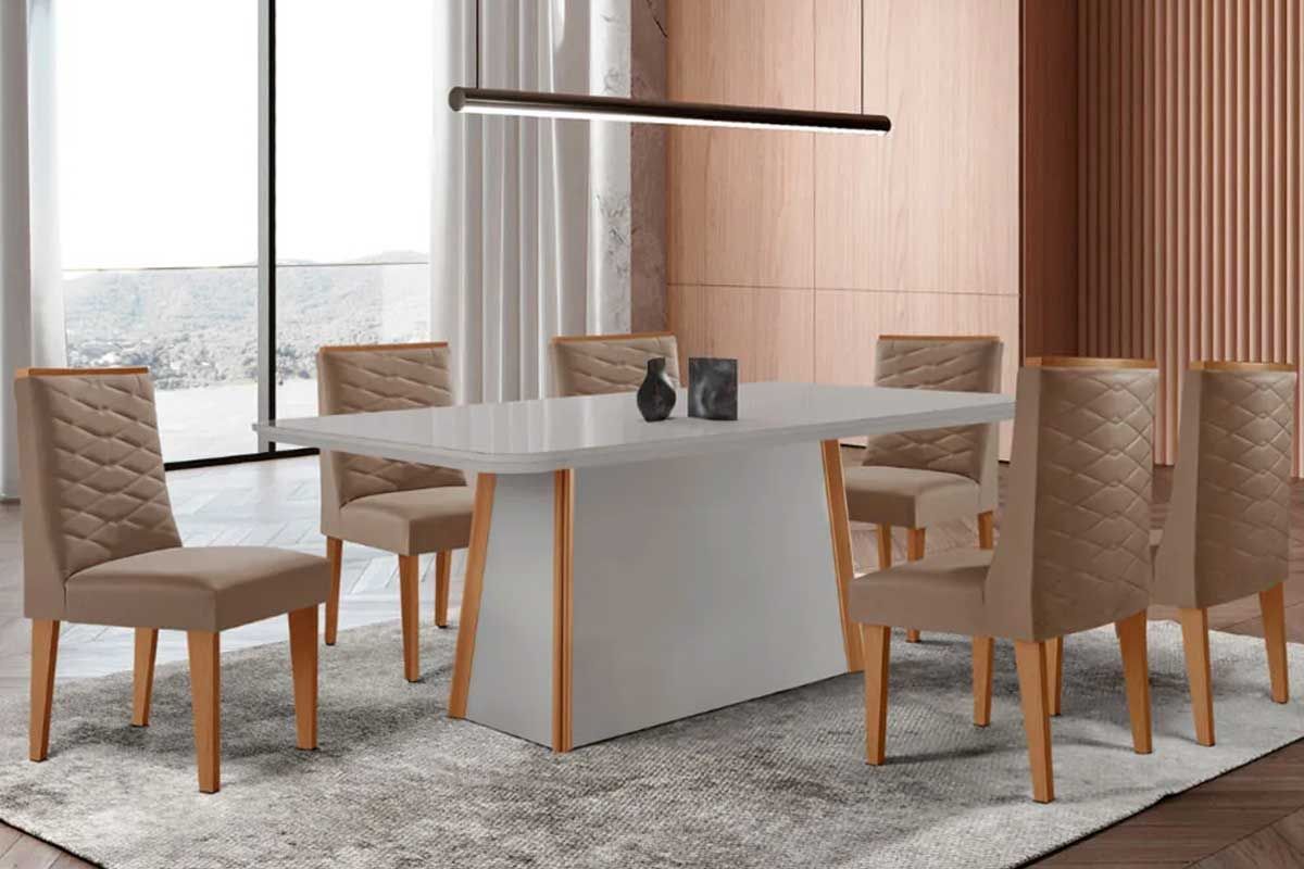 Sala Jantar Mesa Tilia Curvo 180cm + 6 Cadeiras Dafne Madeira - Rufato