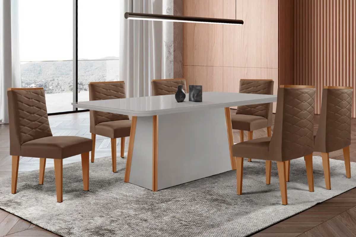 Sala Jantar Mesa Tilia Curvo 180cm + 6 Cadeiras Dafne Madeira - Rufato