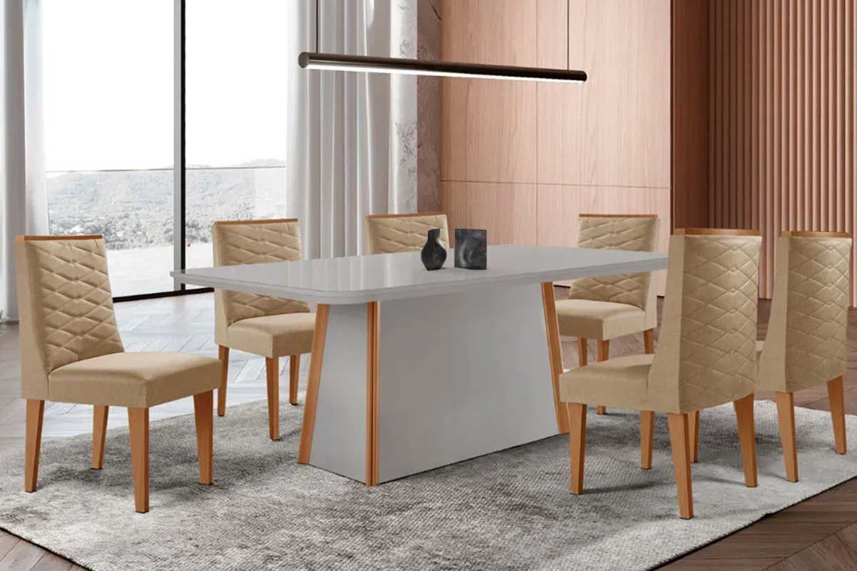 Sala Jantar Mesa Tilia Curvo 180cm + 6 Cadeiras Dafne Madeira - Rufato