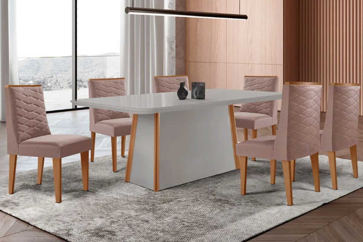 Sala Jantar Mesa Tilia Curvo 180cm + 6 Cadeiras Dafne Madeira - Rufato