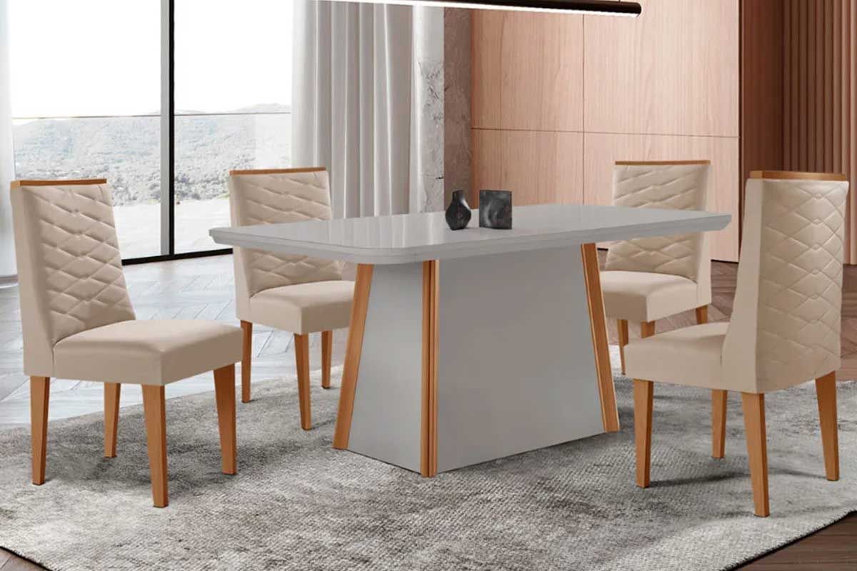 Sala Jantar Mesa Tilia Curvo 120cm + 4 Cadeiras Dafne Madeira - Rufato