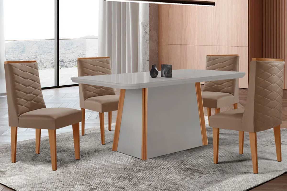 Sala Jantar Mesa Tilia Curvo 120cm + 4 Cadeiras Dafne Madeira - Rufato