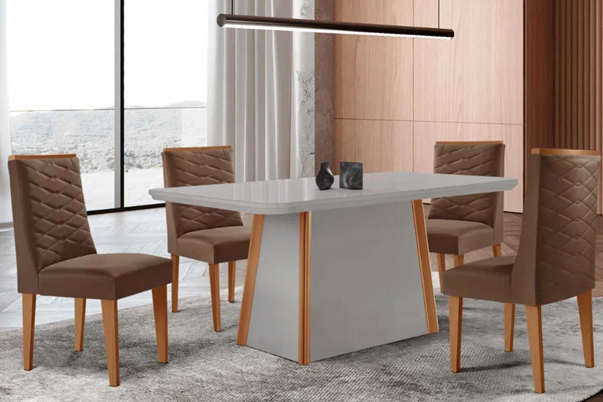 Sala Jantar Mesa Tilia Curvo 120cm + 4 Cadeiras Dafne Madeira - Rufato