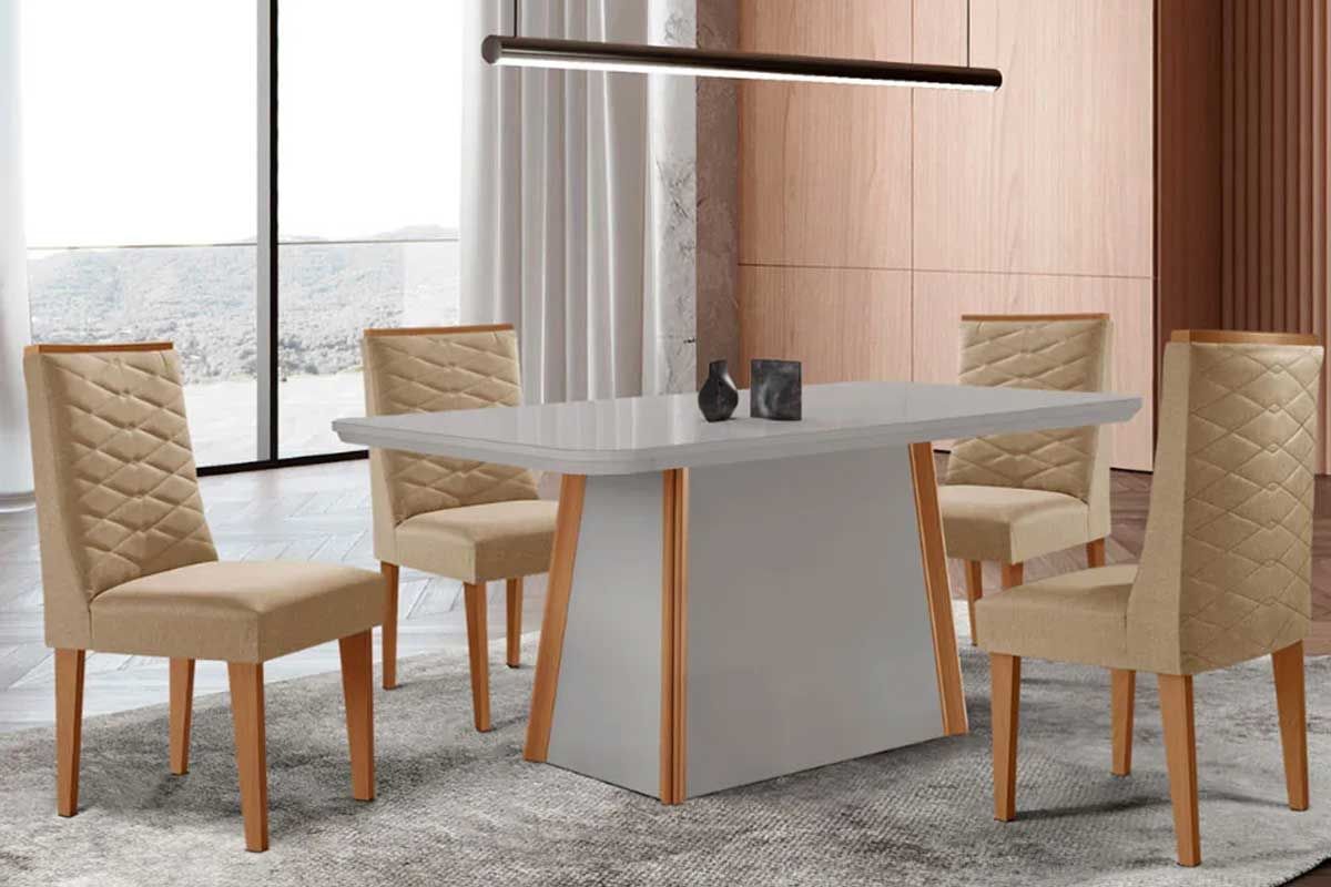 Sala Jantar Mesa Tilia Curvo 120cm + 4 Cadeiras Dafne Madeira - Rufato