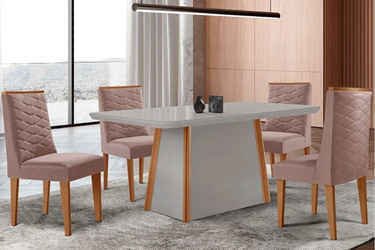 Sala Jantar Mesa Tilia Curvo 120cm + 4 Cadeiras Dafne Madeira - Rufato