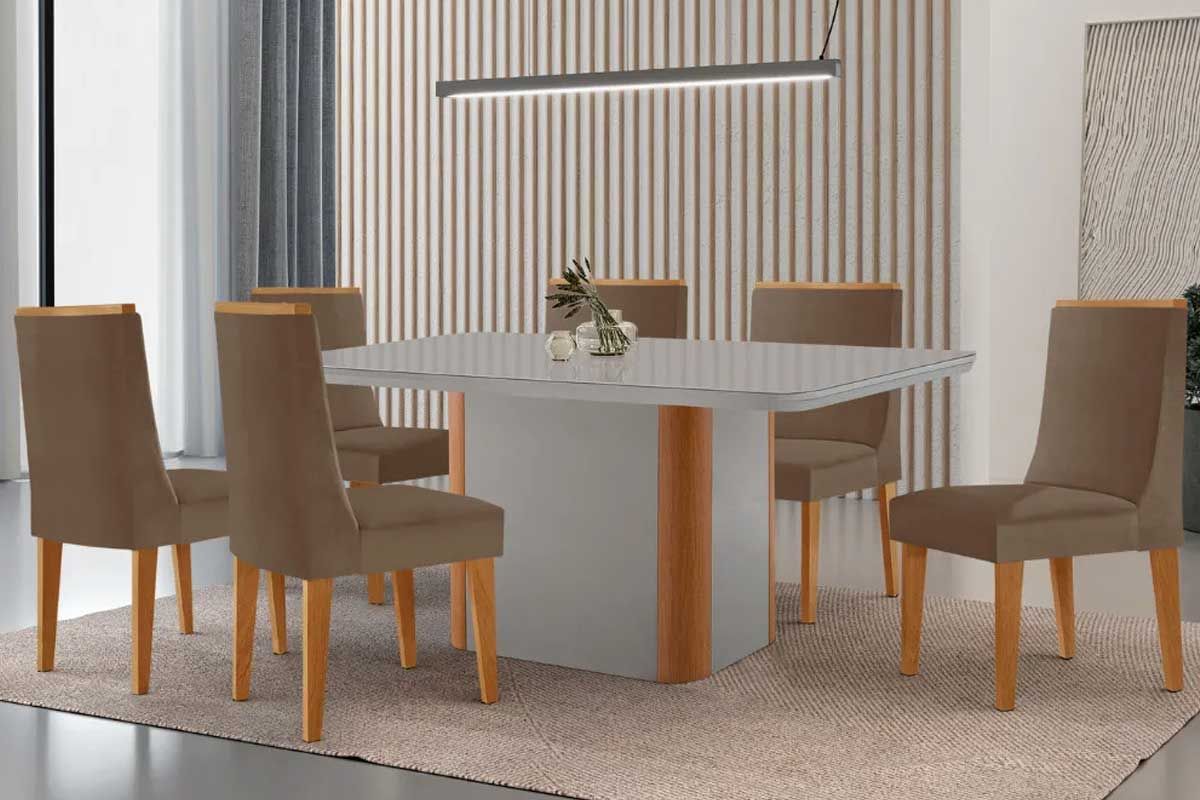 Sala Jantar Mesa Pietá Curvo 180cm + 6 Cadeiras Dakota Madeira - Rufato