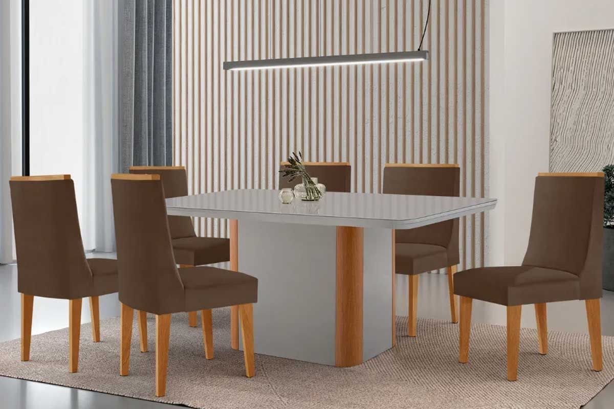 Sala Jantar Mesa Pietá Curvo 180cm + 6 Cadeiras Dakota Madeira - Rufato