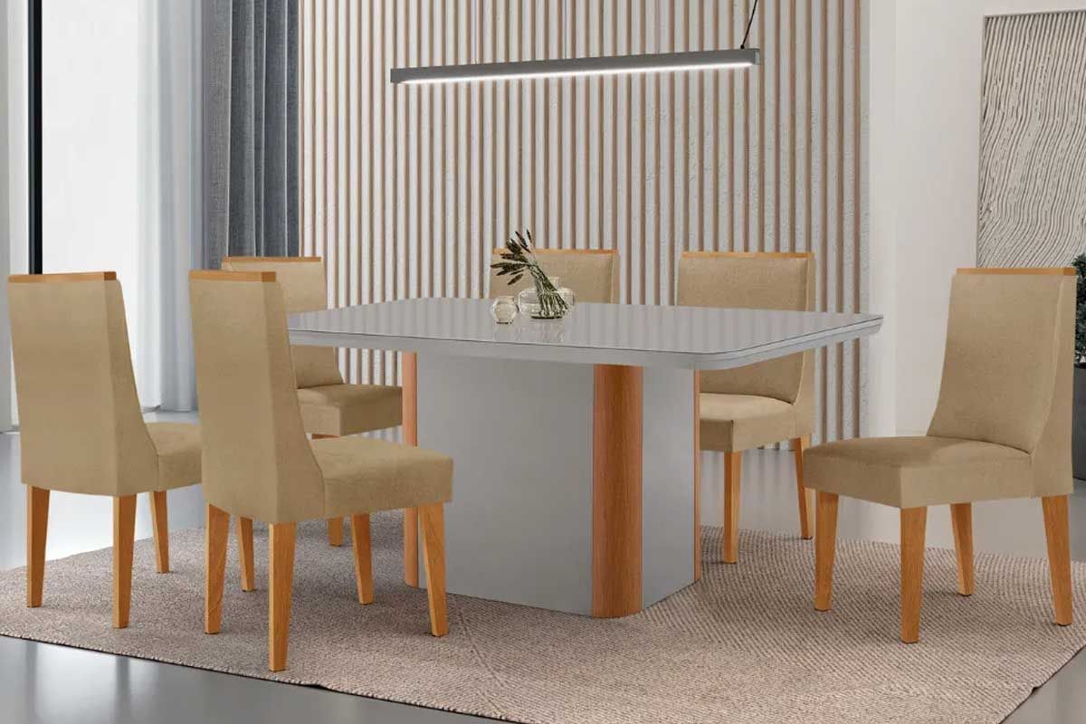 Sala Jantar Mesa Pietá Curvo 180cm + 6 Cadeiras Dakota Madeira - Rufato