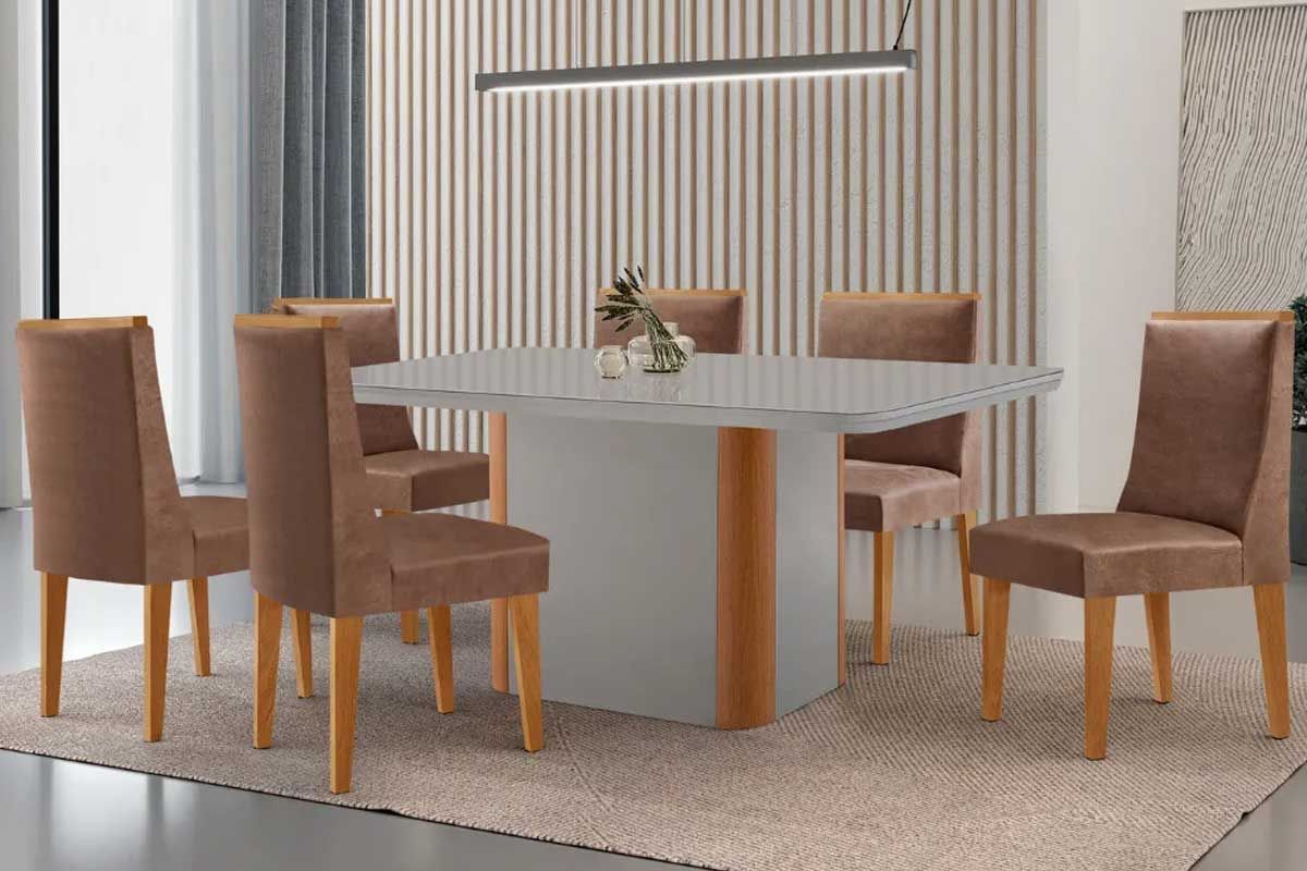 Sala Jantar Mesa Pietá Curvo 180cm + 6 Cadeiras Dakota Madeira - Rufato