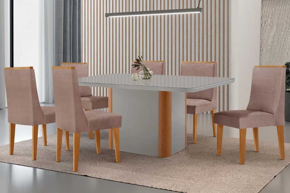 Sala Jantar Mesa Pietá Curvo 180cm + 6 Cadeiras Dakota Madeira - Rufato