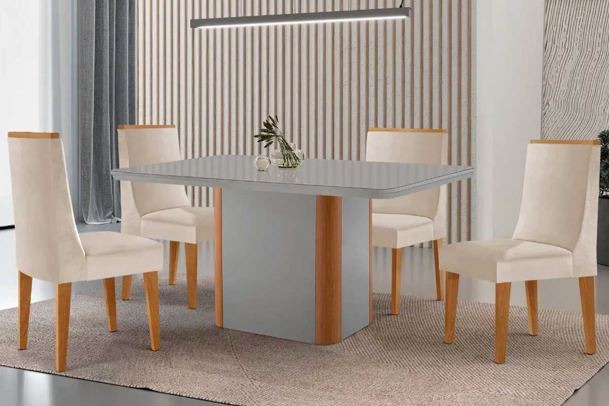 Sala Jantar Mesa Pietá Curvo 120cm + 4 Cadeiras Dakota Madeira - Rufato