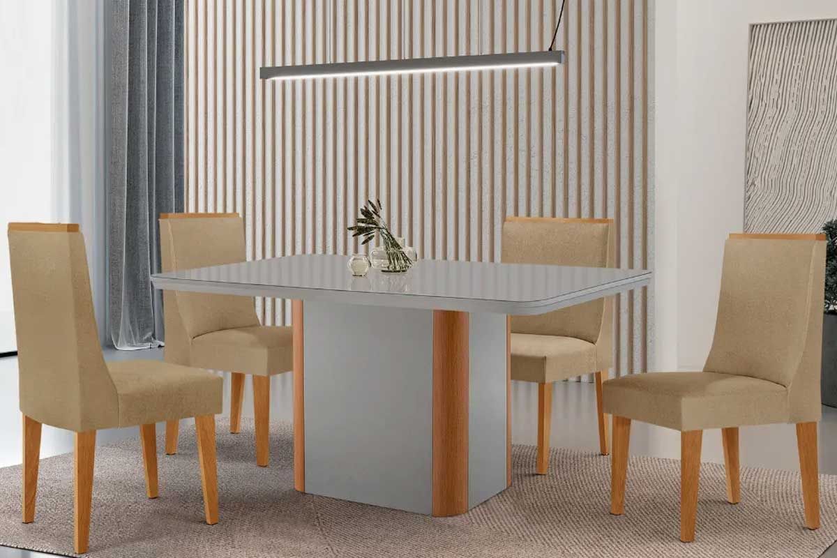Sala Jantar Mesa Pietá Curvo 120cm + 4 Cadeiras Dakota Madeira - Rufato