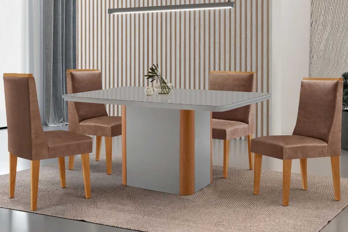 Sala Jantar Mesa Pietá Curvo 120cm + 4 Cadeiras Dakota Madeira - Rufato
