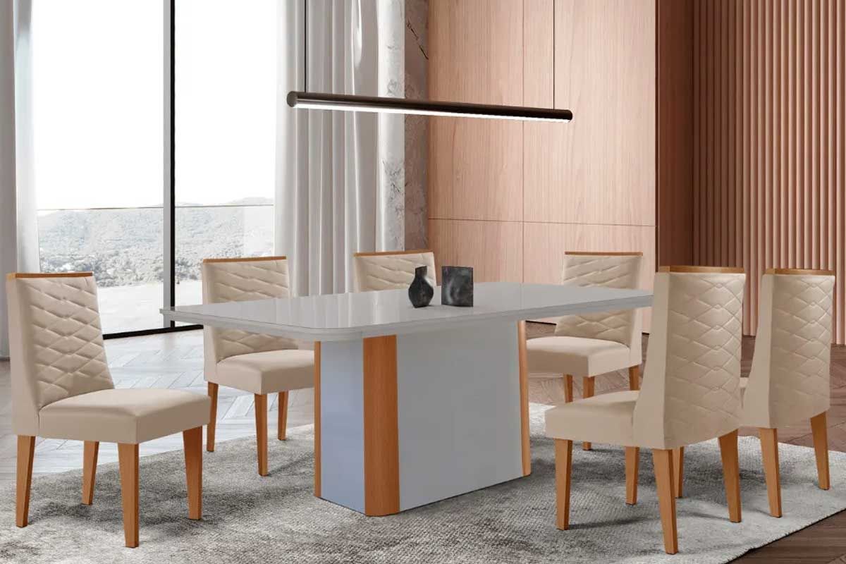 Sala Jantar Mesa Pietá Curvo 180cm + 6 Cadeiras Maldivas Madeira - Rufato