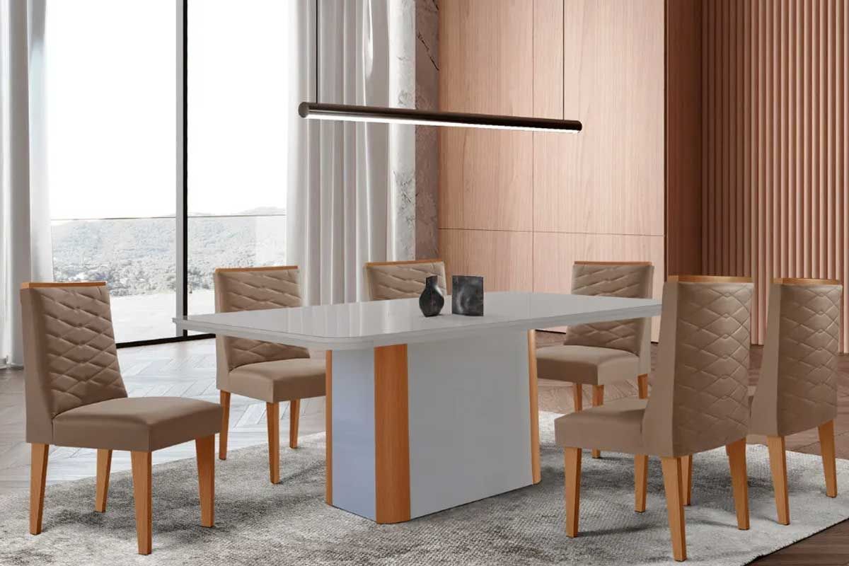 Sala Jantar Mesa Pietá Curvo 180cm + 6 Cadeiras Maldivas Madeira - Rufato