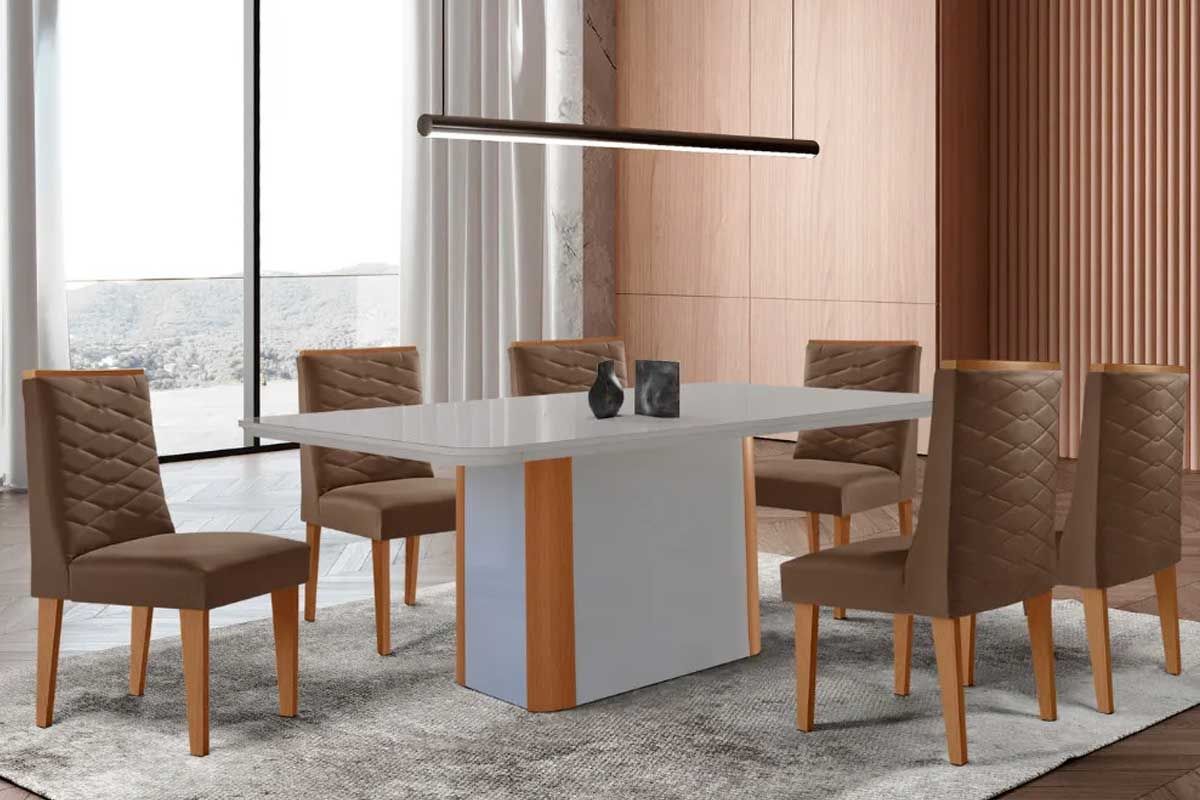 Sala Jantar Mesa Pietá Curvo 180cm + 6 Cadeiras Maldivas Madeira - Rufato