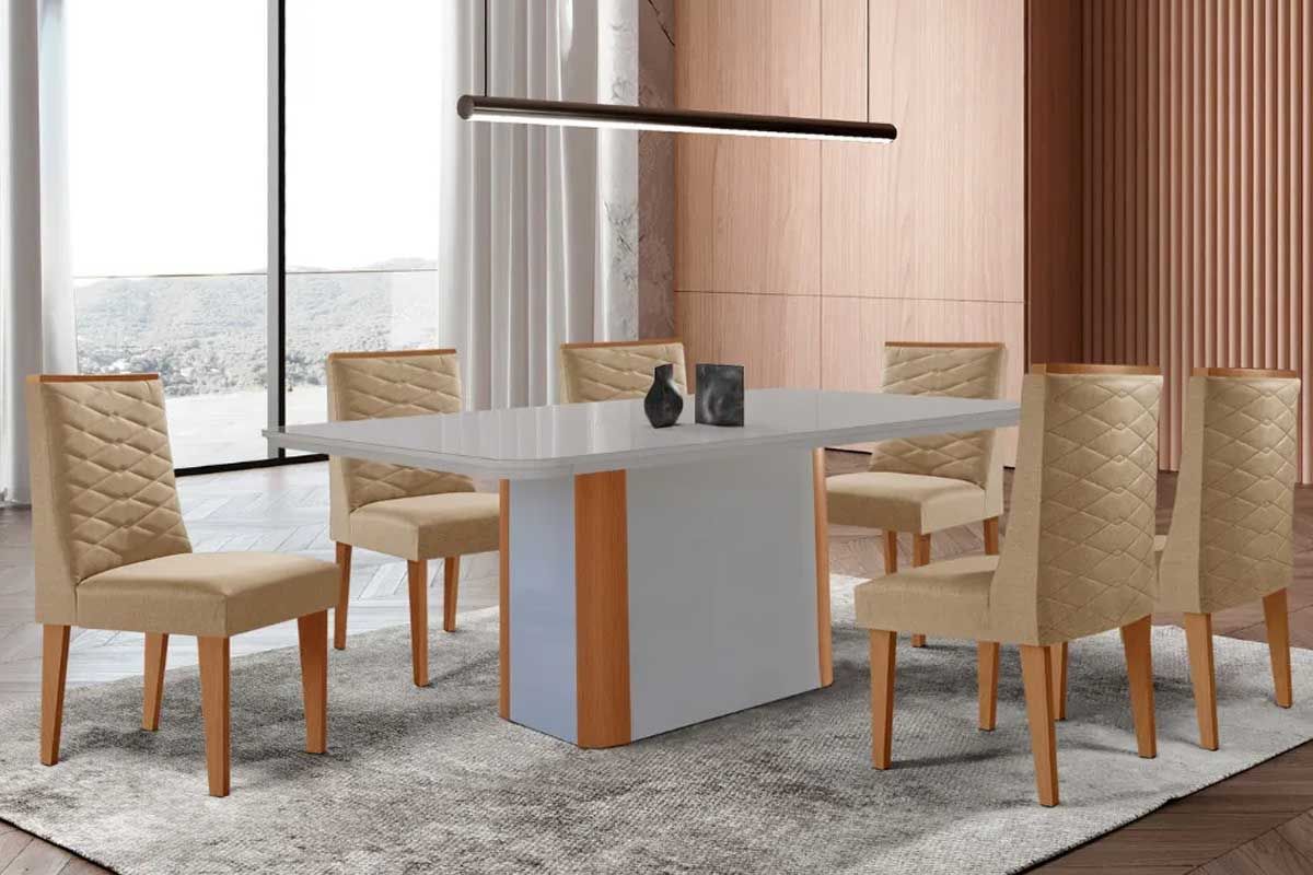 Sala Jantar Mesa Pietá Curvo 180cm + 6 Cadeiras Maldivas Madeira - Rufato