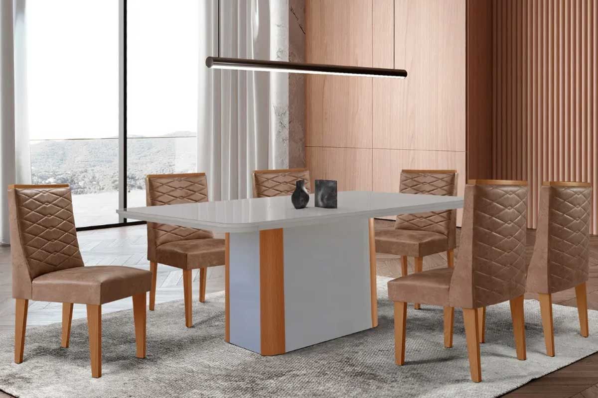 Sala Jantar Mesa Pietá Curvo 180cm + 6 Cadeiras Maldivas Madeira - Rufato