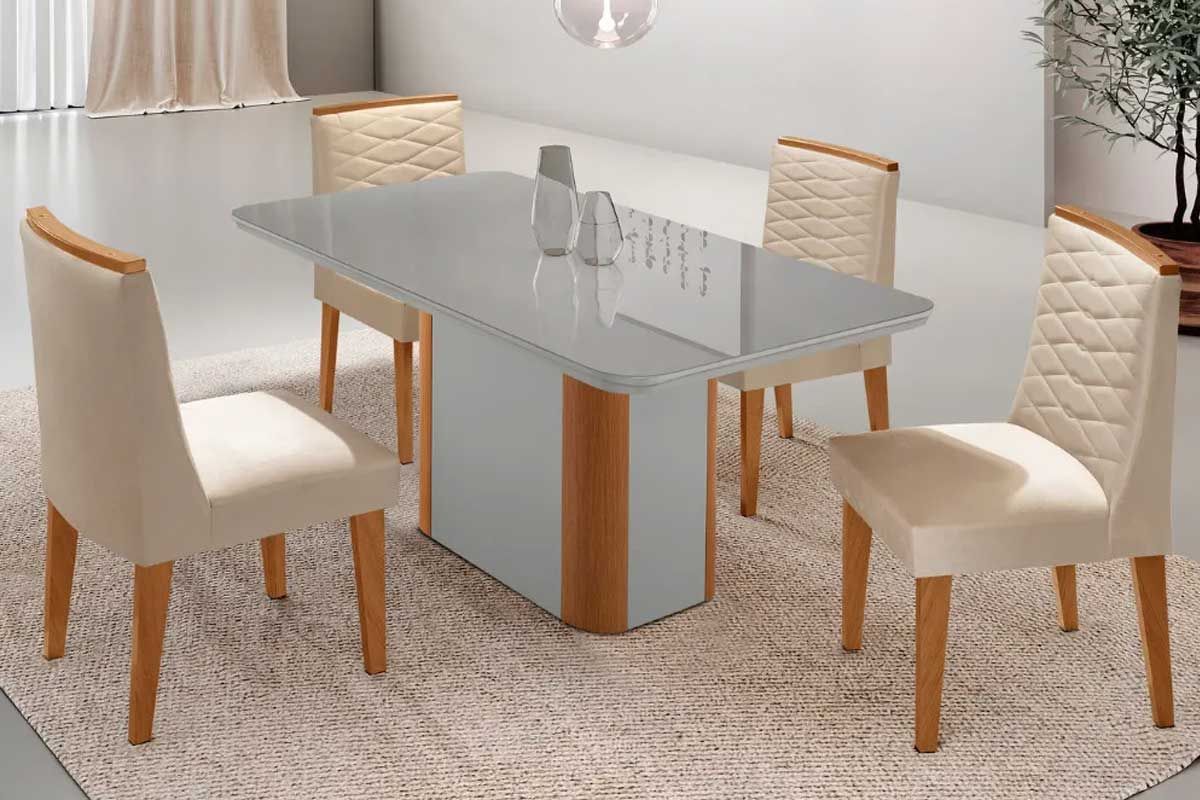Sala Jantar Mesa Pietá Curvo 120cm + 4 Cadeiras Maldivas Madeira - Rufato