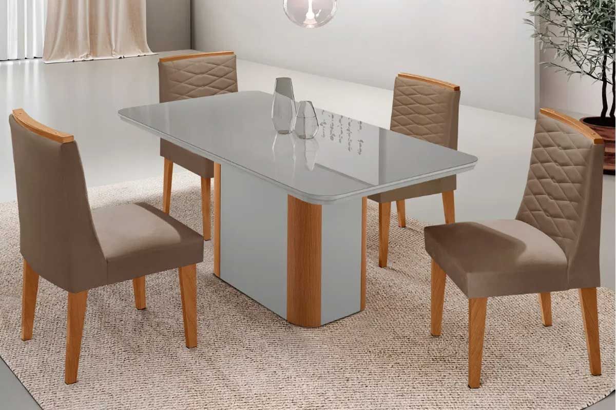 Sala Jantar Mesa Pietá Curvo 120cm + 4 Cadeiras Maldivas Madeira - Rufato
