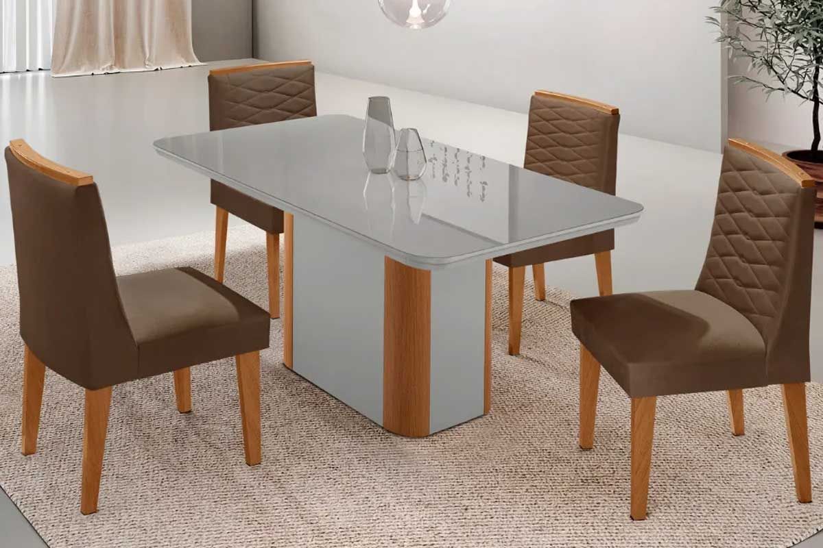 Sala Jantar Mesa Pietá Curvo 120cm + 4 Cadeiras Maldivas Madeira - Rufato