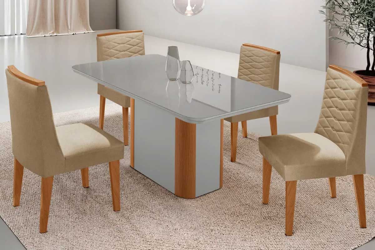 Sala Jantar Mesa Pietá Curvo 120cm + 4 Cadeiras Maldivas Madeira - Rufato