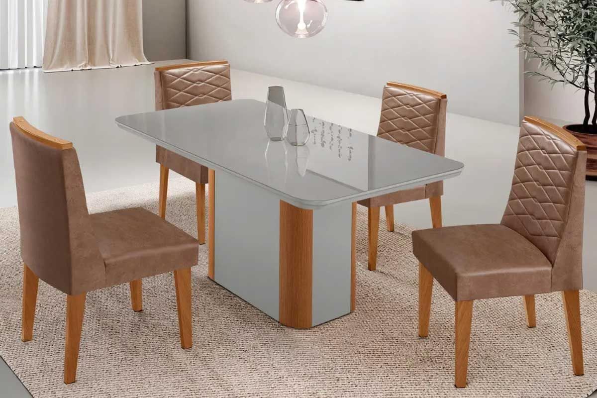 Sala Jantar Mesa Pietá Curvo 120cm + 4 Cadeiras Maldivas Madeira - Rufato
