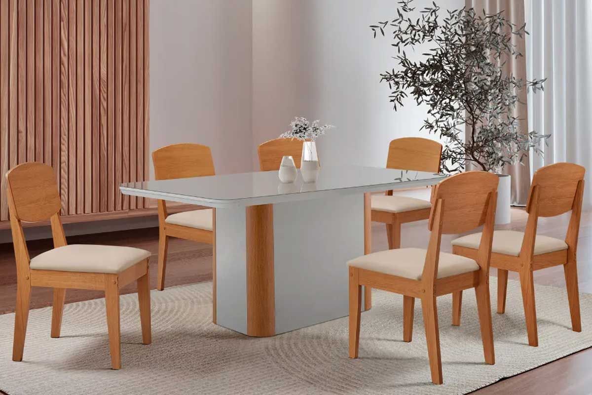 Sala Jantar Mesa Pietá c/ Tampo Madeirado c/ Vidro Canto Curvo 180x90cm e 6 Cadeiras Havana - Rufato