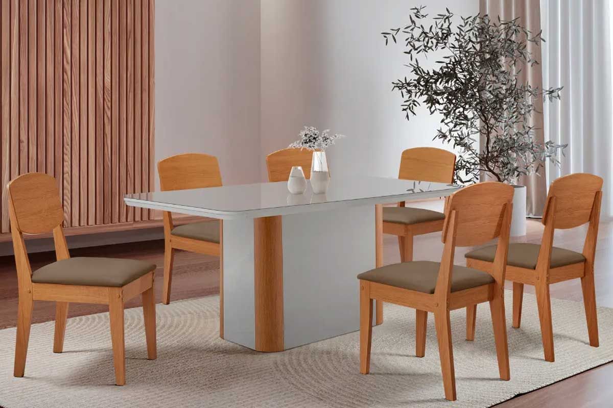 Sala Jantar Mesa Pietá c/ Tampo Madeirado c/ Vidro Canto Curvo 180x90cm e 6 Cadeiras Havana - Rufato